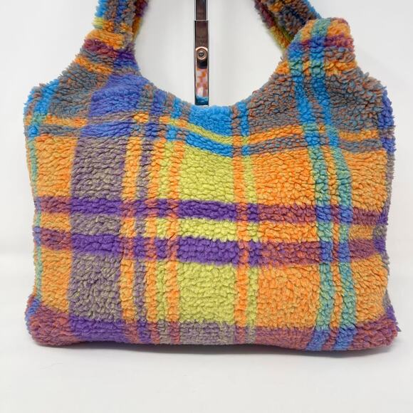 Fluffy Teddy Fur Tote Bag Orange Purple Plaid Retro‎ Shopper Orange Purple Blue - Picture 5 of 8